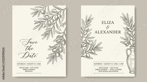 Elegant Save the Date and Wedding Invitation Cards Featuring Vintage Hand-Drawn Olive Branch Illustrations and Botanical Designs