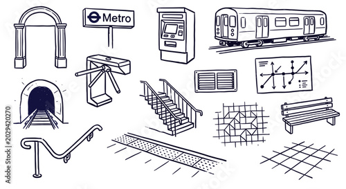 Various hand-drawn metro station elements including a train, tunnel, ticket machine, and sign, depicted in a simple line art style