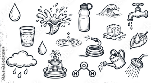 Various hand-drawn water-related icons illustrate different forms and uses of water in a detailed, vintage engraving style