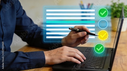 Hand checking tasks on a digital checklist interface with pen, project management workflow concept showing green approved tick marks and blue selection circles on screen