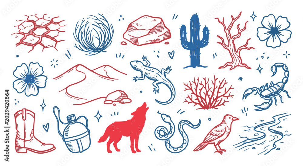 Fototapeta premium Various hand-drawn desert elements, including animals, plants, and natural features, are scattered across a clean white surface in a vibrant red and blue color palette