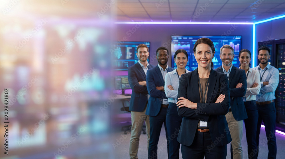 Fototapeta premium Diverse cybersecurity team standing in futuristic security operations center with confident female analyst in foreground, IT security engineers and network analysts, enterprise cybersecurity workplace