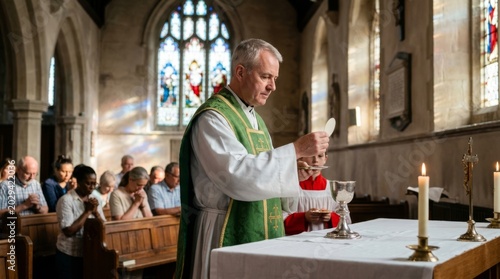 Priest administering communion with host and chalice during mass in church featuring stained glass windows and congregation
