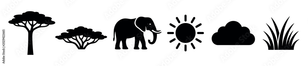 Fototapeta premium Various black silhouette icons depicting African safari elements including trees, an elephant, sun, cloud, and grass