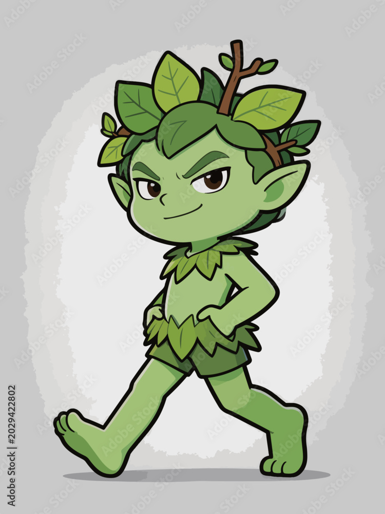 Fototapeta premium Cute Cartoon Forest Elf Character Walking Confidently