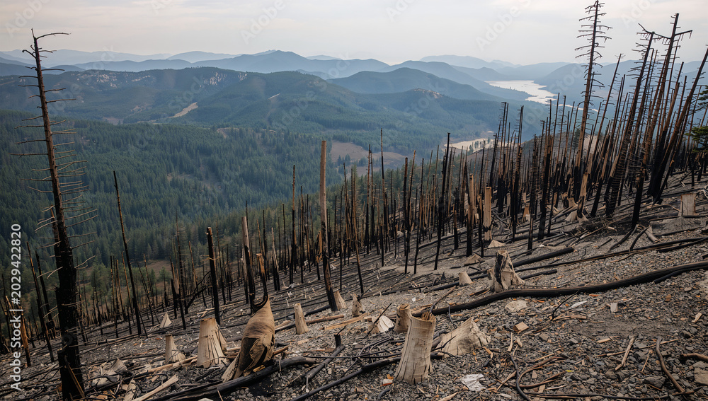 Obraz premium 山火事で焦土化した山の斜面を記録した森林被害の写真