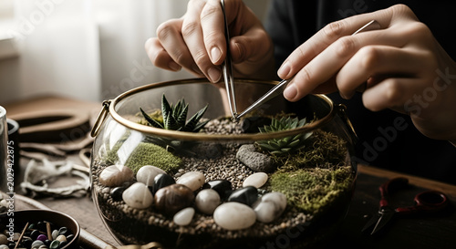 Woman creating a mini indoor garden in a glass terrarium