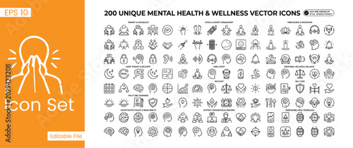 Bild auf Leinwand Mental Health and Wellness Vector Line Icons Set for Psychology Self Care and Em