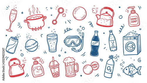 Various hand-drawn doodle icons in red and blue depicting objects related to liquids and bubbles, presented in a whimsical style