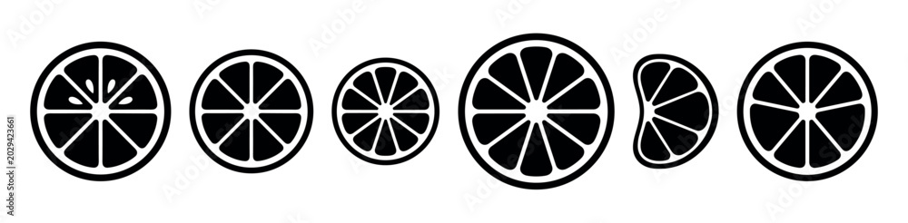 Fototapeta premium Collection of six black and white citrus fruit slices and segments in various sizes and orientations