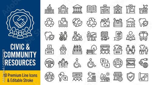 Diverse linear vector icons for civic engagement, social responsibility, and essential community services, representing public welfare, government functions, and local support programs