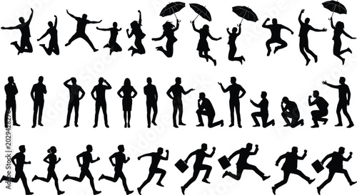 Obraz na płótnie People silhouettes set with jumping, running, proposing, umbrella poses and ever