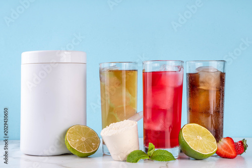 Clear whey drink, colorful fizzy drinks rich in isolate protein