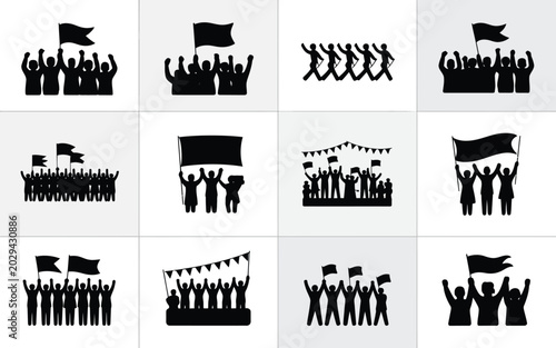 Canvas-taulu Collection of minimalist black silhouettes of people holding flags and celebrati