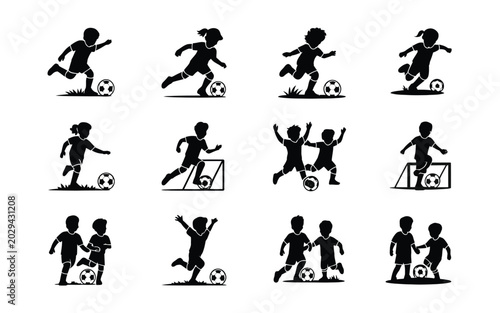 Fényképezés Collection of children playing soccer in minimalist black silhouettes on white b