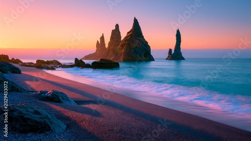Dramatic sea stacks on a deep grey volcanic grit beach at sunset