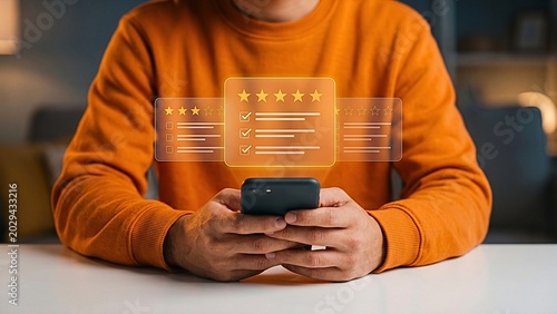 Digital customer feedback concept shown on a smartphone, illustrating online review processes, user satisfaction, and experience ratings