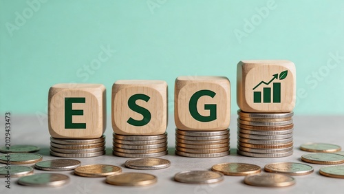 ESG investment concept, environmental social governance criteria, sustainable finance, ethical business practice, wooden blocks with letters on coin stacks, green economy,
