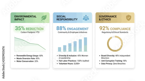 Three infographic cards displaying environmental impact, social responsibility, and governance & ethics metrics with charts and key performance indicators.