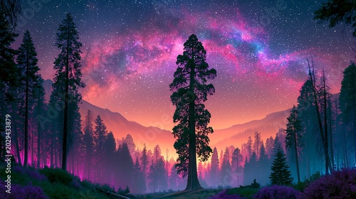 Vibrant milky way over pine forest silhouette in Banff at night