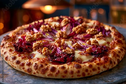 Gourmet pizza with radicchio taleggio and walnuts in a cozy setting