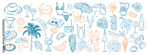 Amalfi summer vacation doodle style Hand drawn sketch coastal palm tree, cocktails, seafood, tropical fruits, swimsuits beach accessories Mediterranean Italy line art vacation La dolce vita sicily