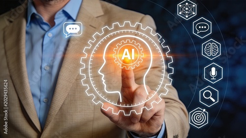 Man interacting with glowing AI brain gear interface surrounded by communication, analysis and target icons, depicting cognitive computing, machine learning applications and