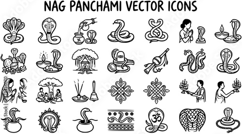 Φωτογραφία Nag Panchami Hindu Festival Line Art Vector Icons Set for Indian Religious Snake