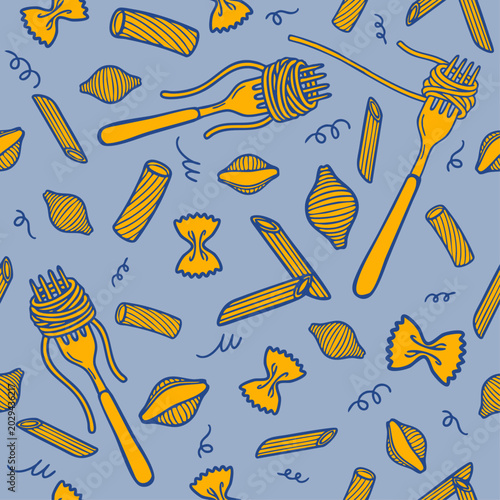 Seamless pattern with pasta on forks, scattered shapes. Hand-drawn pasta pattern. Culinary seamless background with Italian pasta. Illustration for menu design, food packaging, restaurant decor