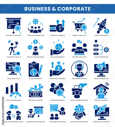 Business and Corporate Blue Glyph Icon Pack with 25 Office, Finance, Marketing and Management Concepts