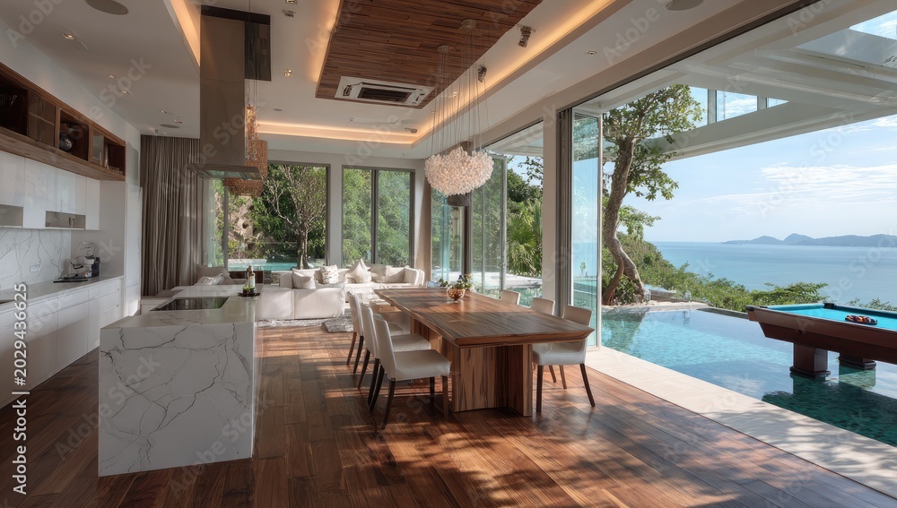 Fototapeta premium Luxurious dining room and kitchen with ocean view infinity pool