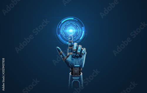 Robot Hand touch digital hud interface futuristic technology background of virtual computer screen display ui future concept or cyber communication hologram 