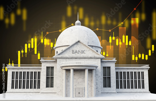 Bank building with with stock graph. Business and finance. Banking and investment concept