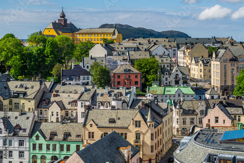 Fotografie City of Alesund, port city, Norway, Norwegian fjords, UNESCO World Heritage Site