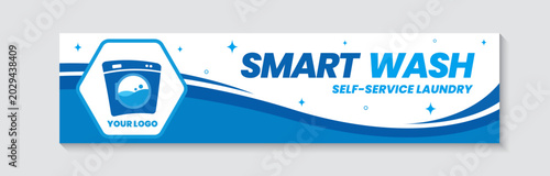 Fotografi Modern smart wash self service laundry blue banner template for shop storefront signage