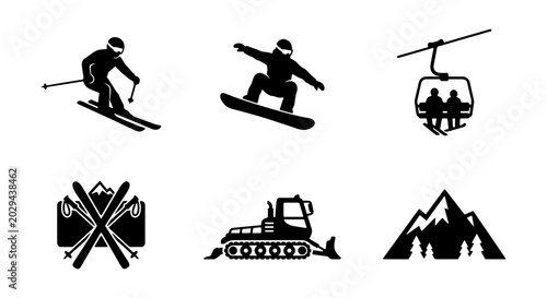 Bild auf Leinwand Winter Sports Icons Set: Skiing, Snowboarding, Cable Car, Snow Groomer, Mountain