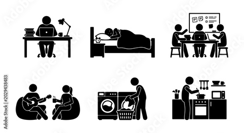 Tableau sur toile Daily Routine Icons: Work, Sleep, Study, Relax, Laundry, Cooking, Vector Set