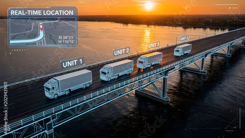 Fleet of Trucks on Bridge With GPS Tracking