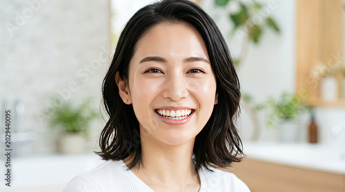 Smiling young woman with dark hair and white shirt in a kitchen