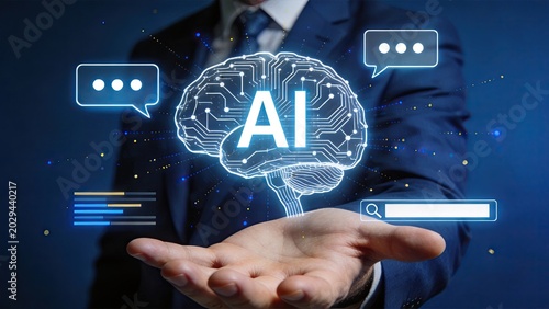 Artificial intelligence brain circuit board hologram hand, machine learning neural network deep learning algorithm data processing concept, futuristic chat bot search bar speech