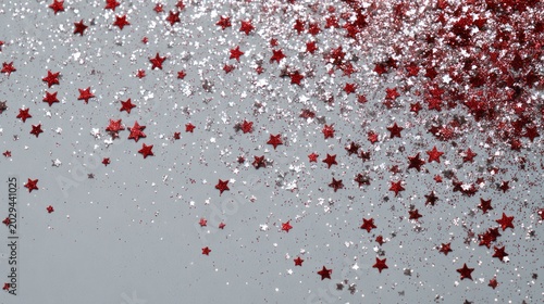 Red glitter sparkles and shimmering star shapes scattered on a soft light gray background creating elegant festive abstract texture for celebration design greeting cards holiday themes and luxury deco