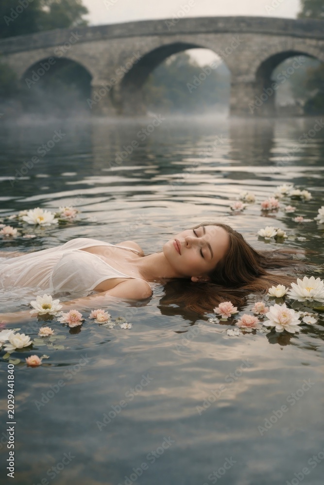 Fototapeta premium Serene woman floating among flowers.