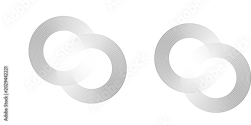 Circular lines geometric background in abstract style. Modern line art illustration with black circular concentric on halftone design template.