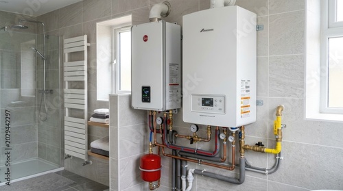 A white Buderus boiler is mounted on a wall in a bathroom. The boiler is connected to a shower, a towel radiator, and a water tank.