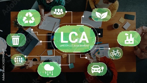 Photos Collaborative Meeting on Life Cycle Assessment with Recycling Icons and Eco-Friendly Themes in a Modern Office Setting Gluon