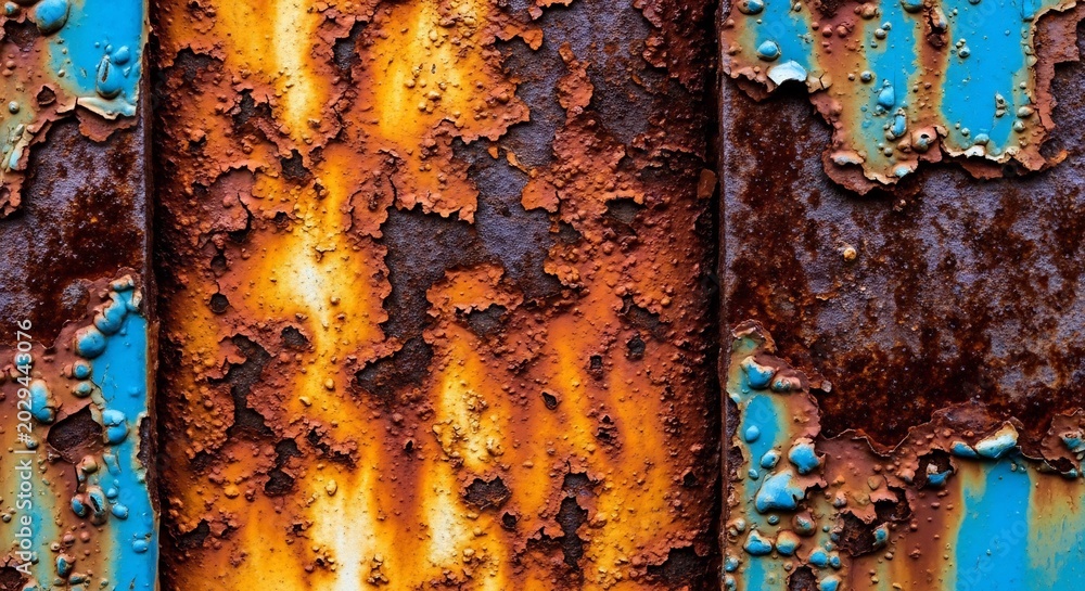 Fototapeta premium Close up of heavily rusted metal surface with peeling blue paint.