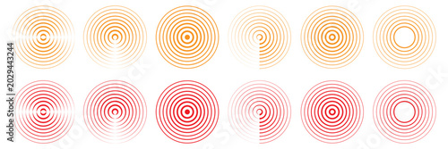 Radar screen background. Vector sonar. Red and Yellow Rader circle. Rings with radial lines. Radar icon, targets, epicenter. Radar icons set. Best Collection. Vector illustration.