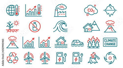 Fotografie Global warming and climate change vector icon set, featuring co2 pollution, natu