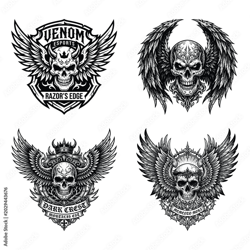 Fototapeta premium Collection of gothic skull logos with wings and banners