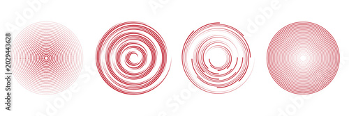 Foto Set of red rings with sound waves, interrupted lines and dots